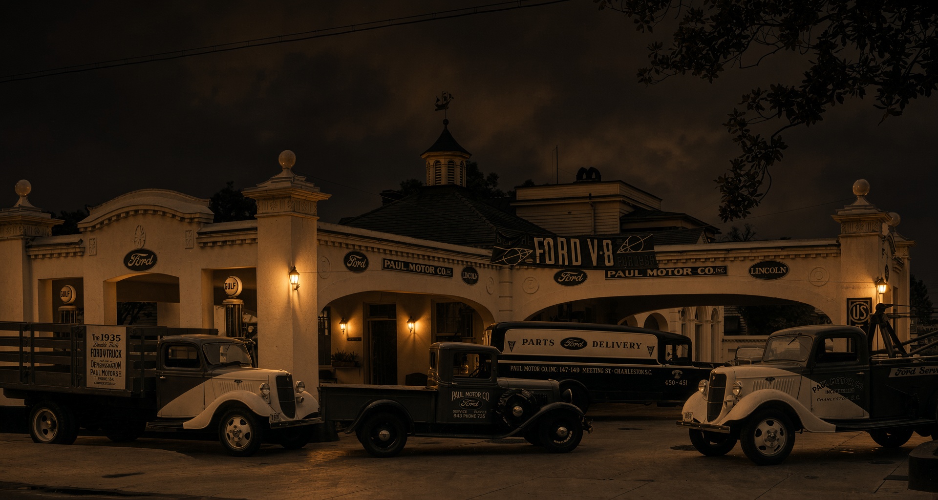 Paul Motor Company, Charleston, at night