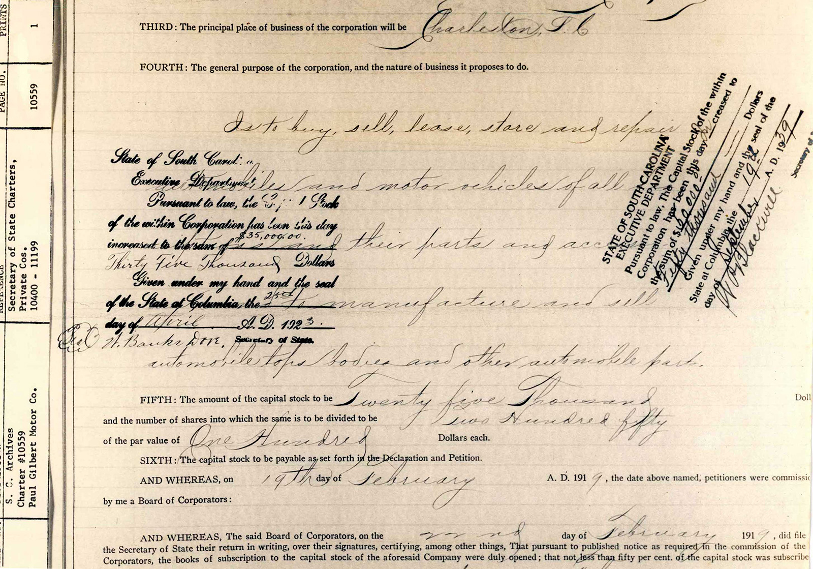 The 1919 Paul Motor Company charter